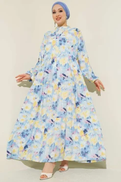 Watercolor Print High Collar Dress Blue