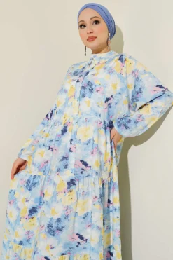 Vista alternativa di Watercolor Print High Collar Dress Blue