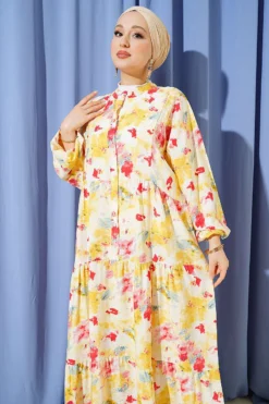 Vista alternativa di Watercolor Print High Collar Dress Yellow