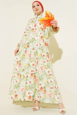 Watercolor Print High Collar Dress Green