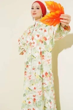 Vista alternativa di Watercolor Print High Collar Dress Green