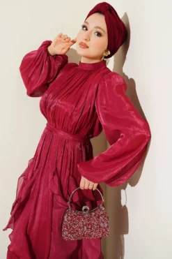 Alternative view of Ruffled Dress with Drawstring Neckline Burgundy