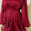 Ruffled Dress with Drawstring Neckline Burgundy wholesale dress view 4 - Hicabistan Turkey factory