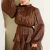 Ruffled Dress with Drawstring Neckline Brown en gros dress view 2 - Hicabistan usine Turquie
