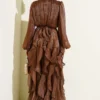 Ruffled Dress with Drawstring Neckline Brown en gros dress view 3 - Hicabistan usine Turquie