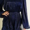 Ruffled Dress with Drawstring Neckline Navy Blue en gros dress view 4 - Hicabistan usine Turquie