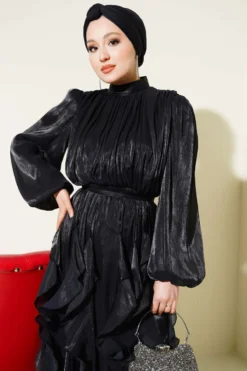 Alternative view of Ruffled Dress with Drawstring Neckline Black