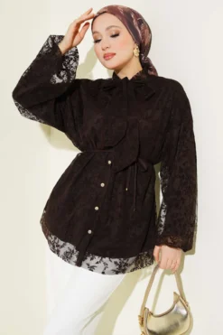 Lace Tie-Neck Shirt Brown