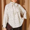 Tie-Neck Polka Dot Tunic Beige