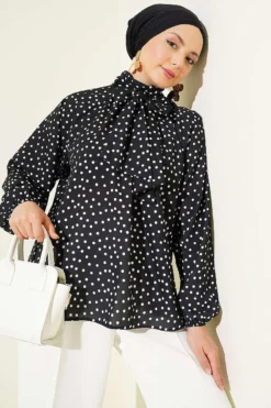 Tie-Neck Polka Dot Tunic Black