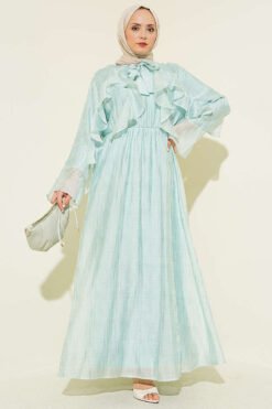 Tie Neck Ruffled Dress Turquoise groothandel dress - Hicabistan Turkije fabriek