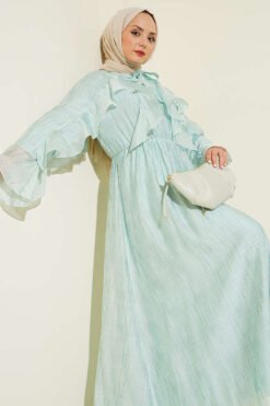 Tie Neck Ruffled Dress Turquoise groothandel dress view 2 - Hicabistan Turkije fabriek
