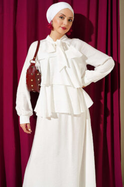 Tie-Neck Layered Skirt Set White wholesale clothing set view 2 - Hicabistan Turkey factory
