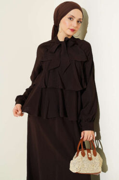 Tie-Neck Layered Skirt Set Brown wholesale clothing set view 2 - Hicabistan Turkey factory