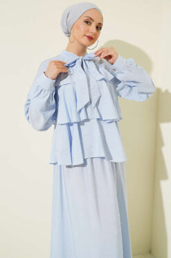 Tie-Neck Layered Skirt Set Blue wholesale clothing set view 2 - Hicabistan Turkey factory