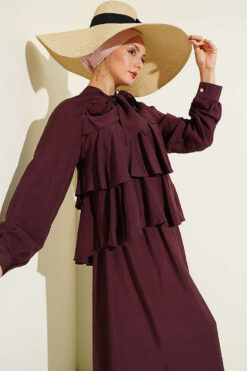 Tie-Neck Layered Skirt Set Plum wholesale clothing set view 2 - Hicabistan Turkey factory