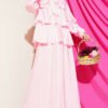 Tie-Neck Layered Skirt Set Pink wholesale clothing set - Hicabistan Turkey factory