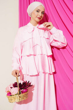Tie-Neck Layered Skirt Set Pink wholesale clothing set view 2 - Hicabistan Turkey factory