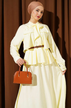 Tie-Neck Layered Skirt Set Yellow wholesale clothing set view 2 - Hicabistan Turkey factory