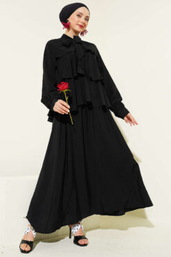 Tie-Neck Layered Skirt Set Black wholesale clothing set view 2 - Hicabistan Turkey factory