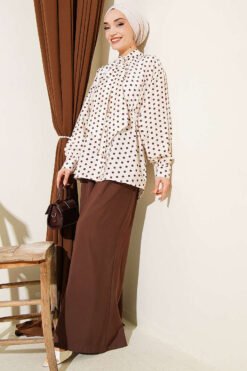 Tie-Neck Polka Dot Shirt Beige wholesale shirt view 2 - Hicabistan Turkey factory