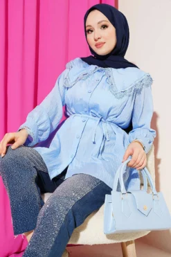 Lace Cuff Sailor Collar Shirt Blue