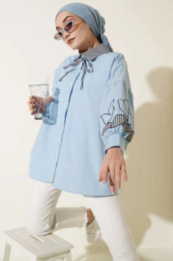 Collared Checked Embroidered Shirt Baby Blue Großhandel shirt - Hicabistan Türkei Fabrik