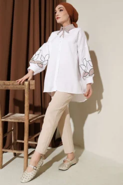 Collared Checked Embroidered Shirt White Großhandel shirt view 2 - Hicabistan Türkei Fabrik