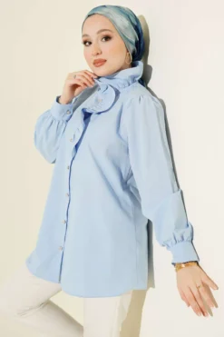 Ruffled Collar Stone Button Shirt Blue en gros shirt - Hicabistan usine Turquie