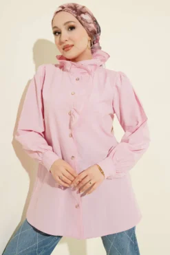 Ruffled Collar Stone Button Shirt Pink en gros shirt - Hicabistan usine Turquie