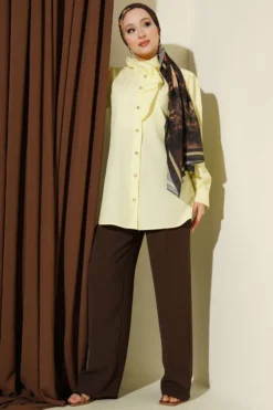 Ruffled Collar Stone Button Shirt Yellow en gros shirt view 2 - Hicabistan usine Turquie