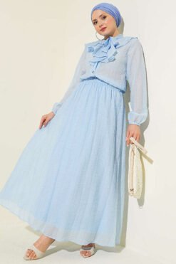 Ruffled Collar Laced Skirt Set Blue