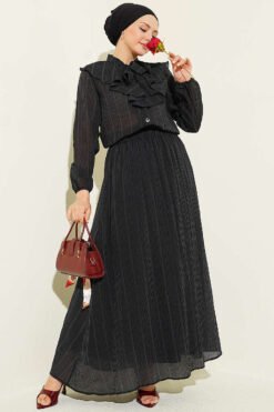 Ruffled Collar Laced Skirt Set Black