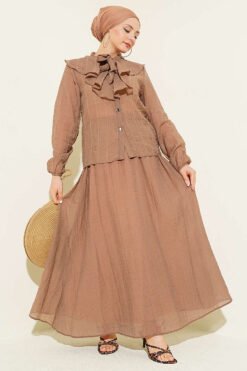 Ruffled Collar Laced Skirt Set Mink