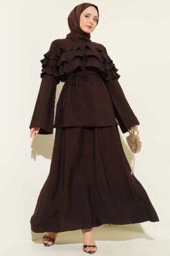 Ruffled Collar Skirt Set Brown
