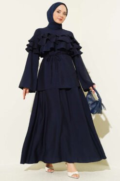 Ruffled Collar Skirt Set Navy Blue
