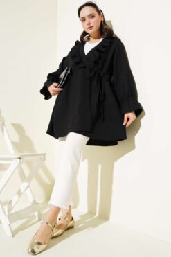 منظر بديل لـ Ruffled Collar Side Tie Kimono Black