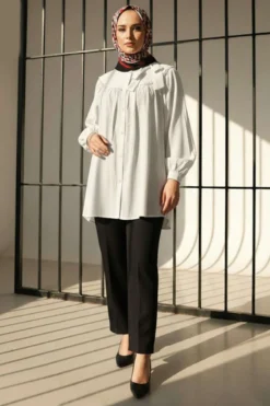 Bow Tie Oversized Shirt White wholesale shirt - Hicabistan Turkey factory