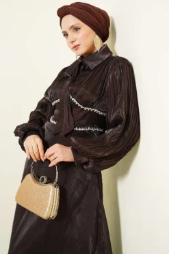 Bow-Tie Embellished Evening Dress Brown Großhandel dress view 2 - Hicabistan Türkei Fabrik