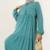 Anchor Pattern Dress with Tie Neck Petrol wholesale dress view 2 - Hicabistan Turkey factory