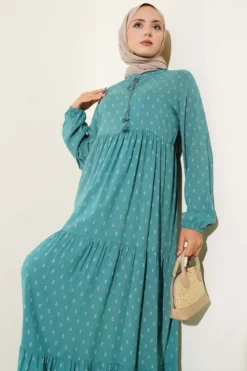 Anchor Pattern Dress with Tie Neck Petrol wholesale dress view 2 - Hicabistan Turkey factory