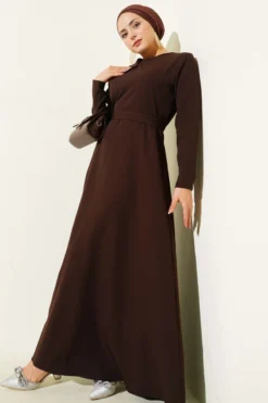 Detailed Neck Piece Evening Dress Brown en gros dress view 2 - Hicabistan usine Turquie