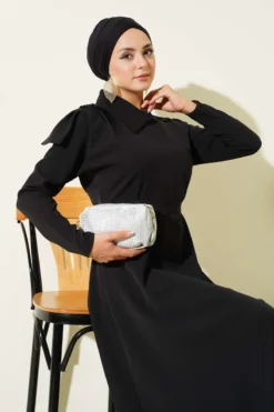 Detailed Neck Piece Evening Dress Black en gros dress view 2 - Hicabistan usine Turquie