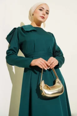 Detailed Neck Piece Evening Dress Emerald en gros dress view 2 - Hicabistan usine Turquie