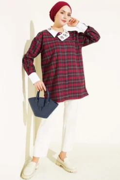 Collared Checkered Shirt Burgundy al por mayor shirt view 2 - Hicabistan fábrica Turquía