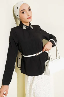 Stone-Embellished Short Shirt Black