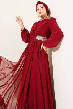 Chiffon Evening Dress with Neckline and Waist Stones Burgundy