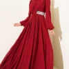 Chiffon Evening Dress with Neckline and Waist Stones Burgundy wholesale dress view 2 - Hicabistan Turkey factory