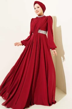 Alternative view of Chiffon Evening Dress with Neckline and Waist Stones Burgundy