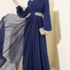 Chiffon Evening Dress with Neckline and Waist Stones Navy Blue